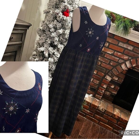 Bobby Brooks Maxi Dress Appliquéd Navy Green Red Gold Plaid size Lg - Picture 5 of 10